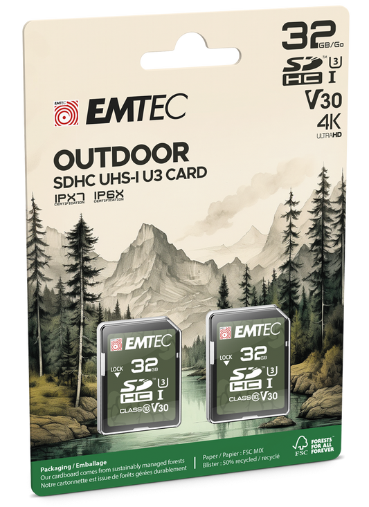 SDHC-minnekort Emtec Rugged Outdoor, 32Gb, Klasse 10 / UHS-1 U3, Sett med 2 stykker ECMSD32GHC10ORP2
