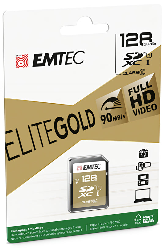 SDXC-minnekort Emtec Elite Gold, 128GB, Klasse 10 / UHS-1 U1 ECMSD128GXC10GP