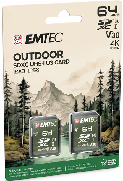 SDXC Minnekort Emtec Rugged Outdoor, 64GB, Klasse 10 / UHS-1 U3, Sett med 2 stk ECMSD64GXCU3ORP
