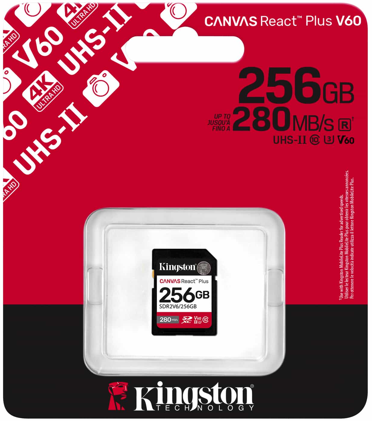 SDXC-minnekort Kingston Canvas React Plus, 256Gb, Klasse 10 / UHS-2 U3 SDR2V6/256GB