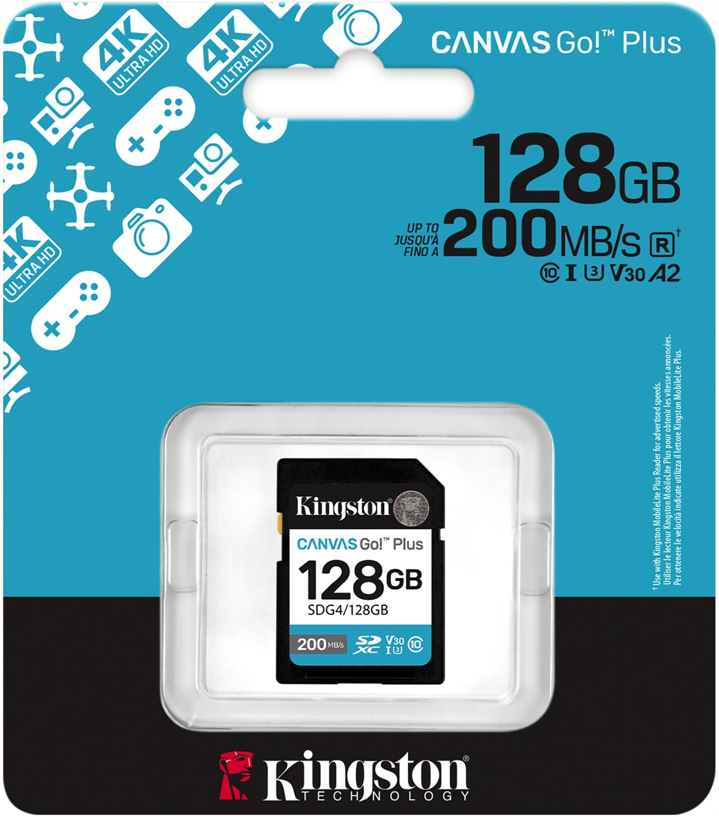 SDXC-minnekort Kingston Canvas Go Plus, 128GB, Klasse 10 / UHS-1 U3 SDG4/128GB