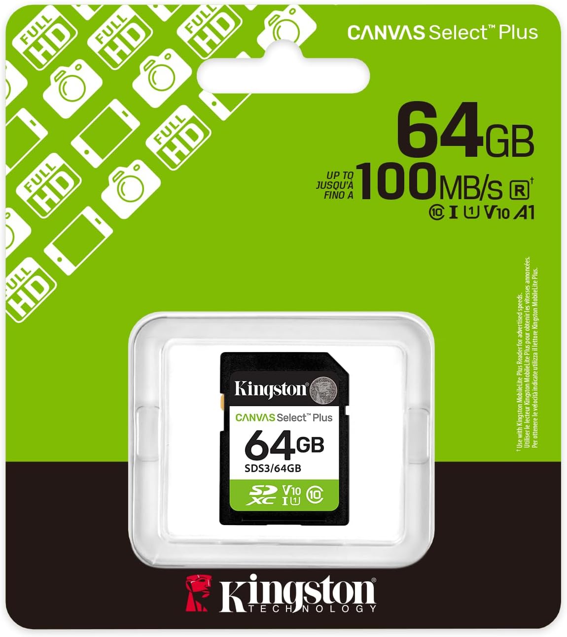 Kingston Canvas Select Plus SDXC Minnekort, 64GB, Klasse 10 / UHS-1 U1 SDS3/64GB