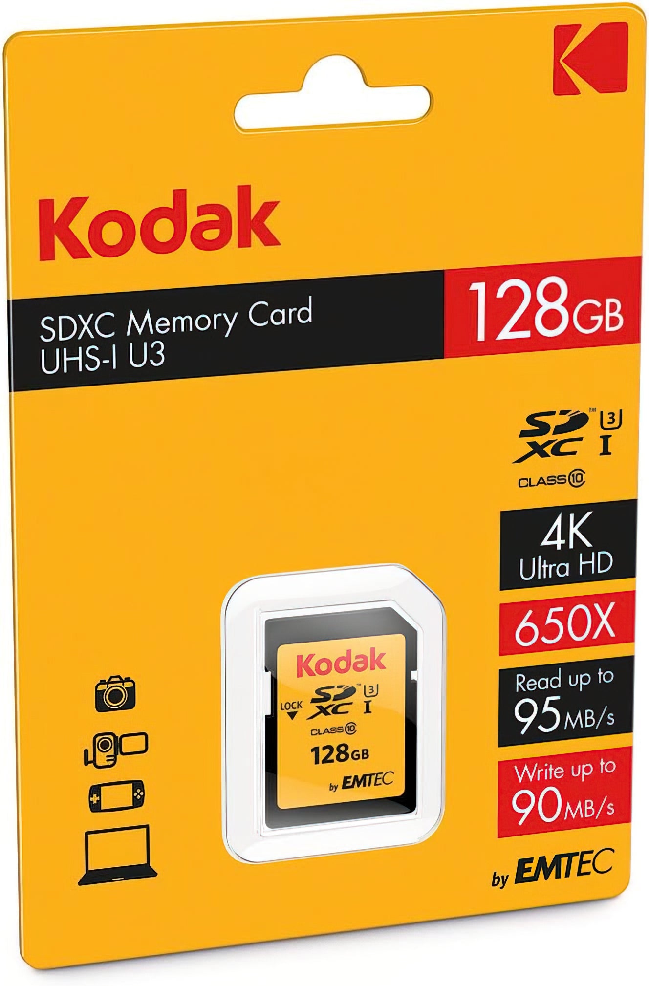 Kodak SDXC Minnekort, 128Gb, Klasse 10 / UHS-1 U3 EKMSD128GXC10HPRK