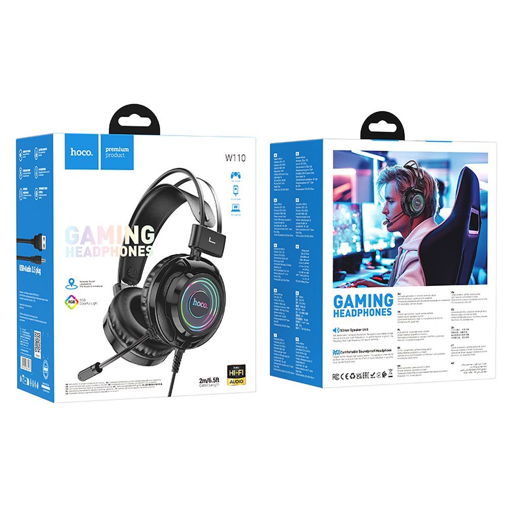 Gaming-hodetelefoner 3,5 mm HOCO W110, RGB, svarte