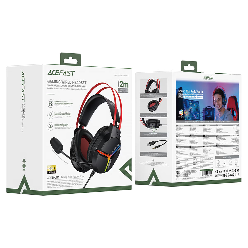 Gamingheadset 3,5 mm Acefast H16, RGB, 2 m, Svart