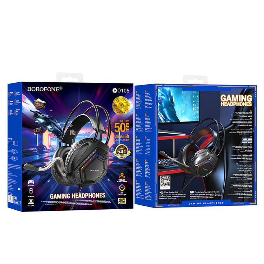 Gamingheadset 3,5 mm Borofone BO105 Thunder, RGB, 2m, Svart