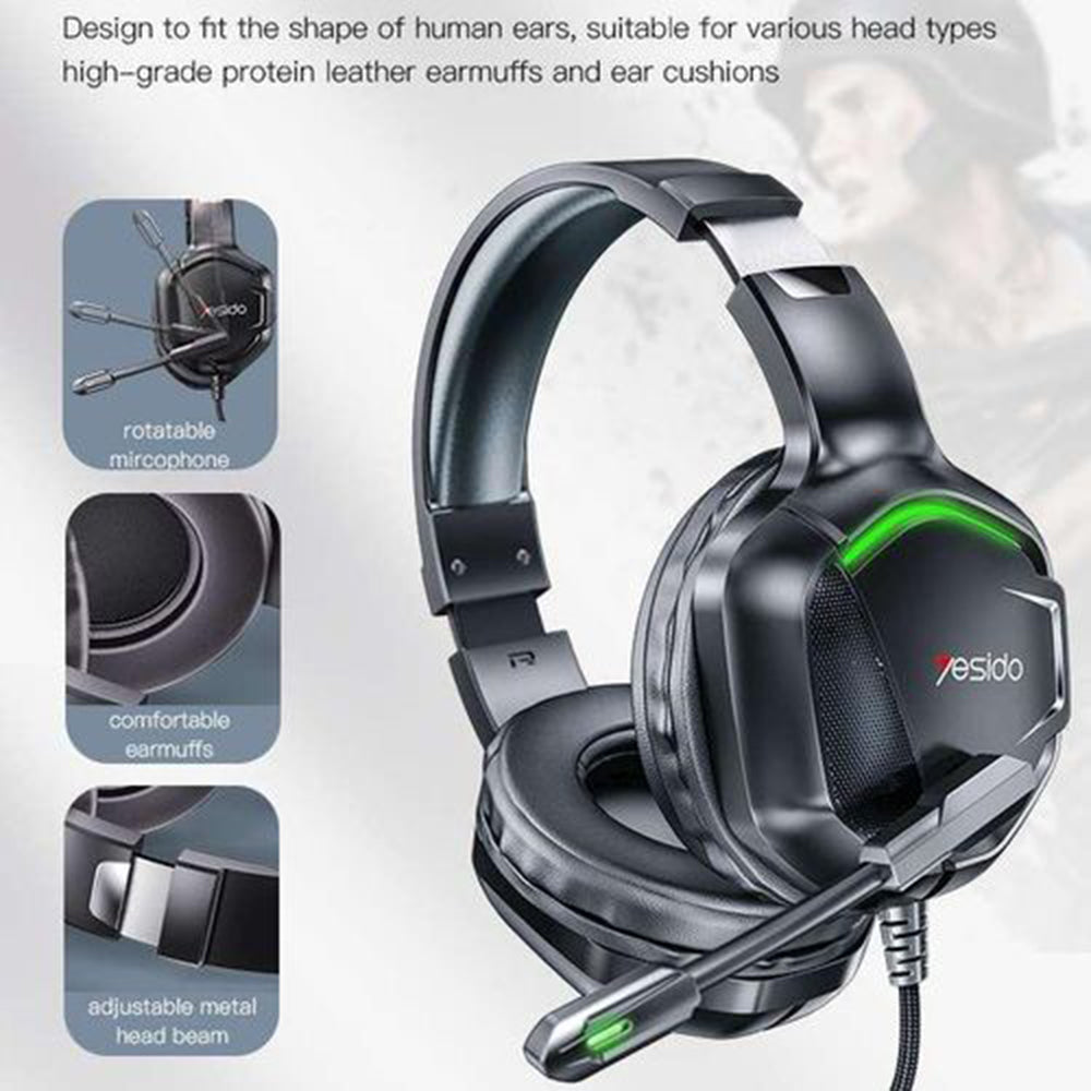 Gaminghodetelefoner 3.5mm Yesido EK01, RGB, 1.2m, Svarte