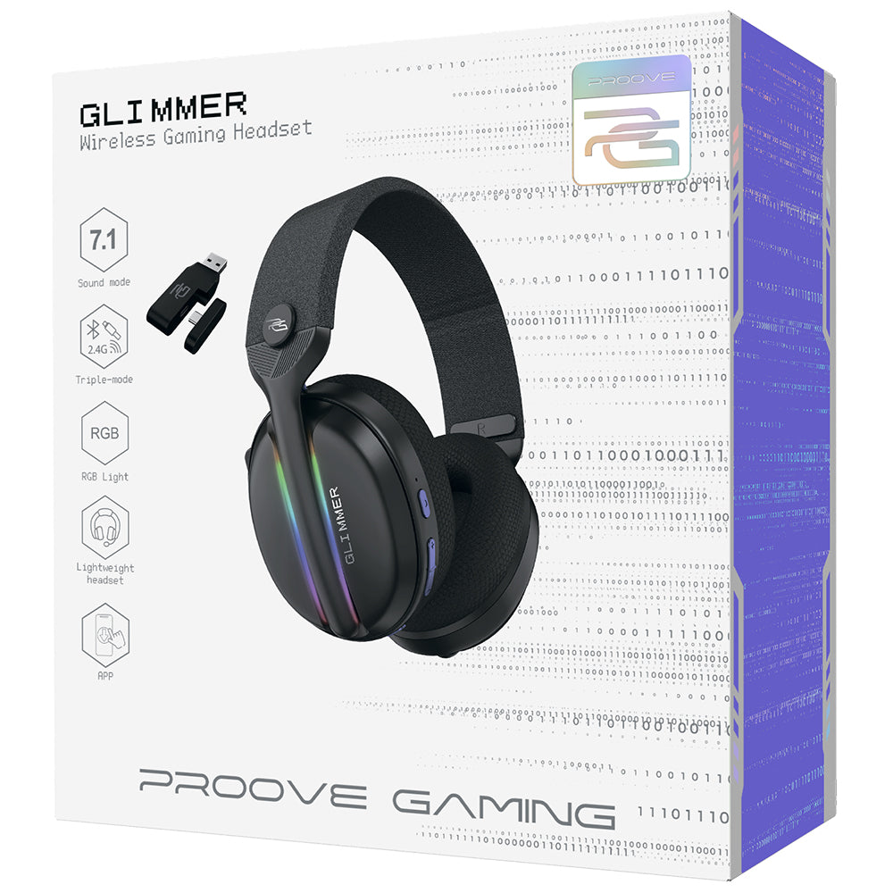 Proove Glimmer trådløse gaming-hodetelefoner, RGB, BT / Wi-Fi / kablet, svarte WHGL00022001