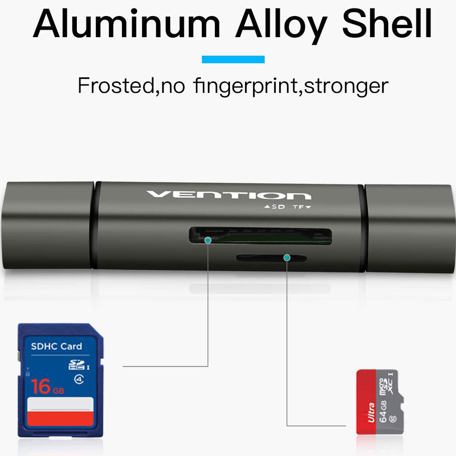 USB / USB-C / microUSB-kortleser Vention, SD - microSD, Grå CCJH0