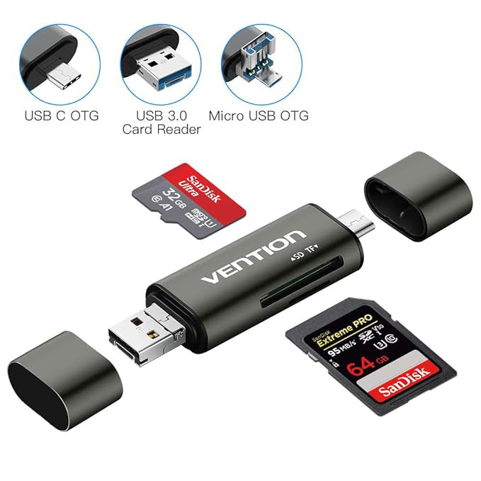 USB / USB-C / microUSB-kortleser Vention, SD - microSD, Grå CCJH0