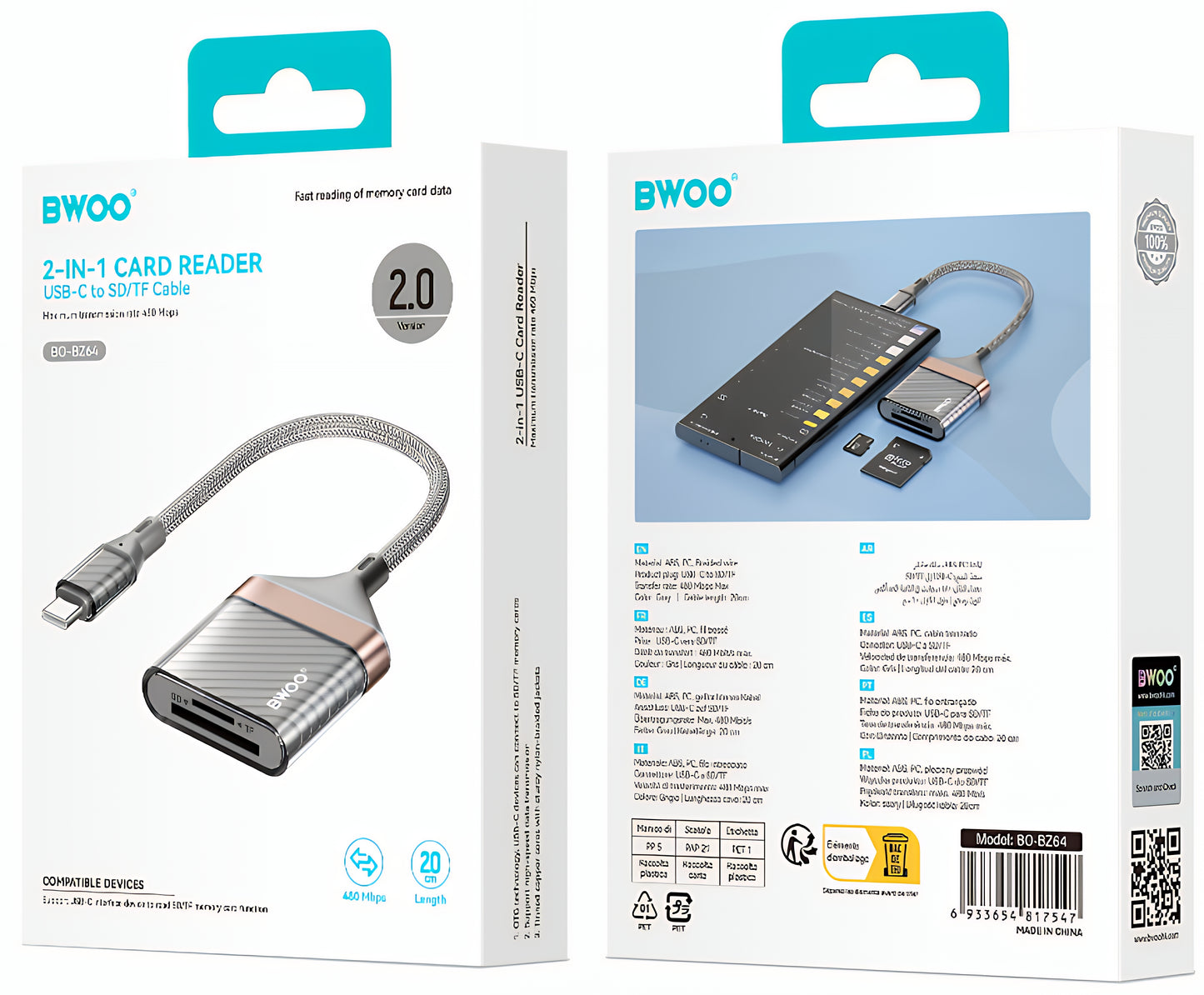 USB-C Kortleser BWOO BZ64, SD - microSD, Grå