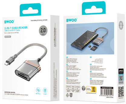 USB-C Kortleser BWOO BZ64, SD - microSD, Grå