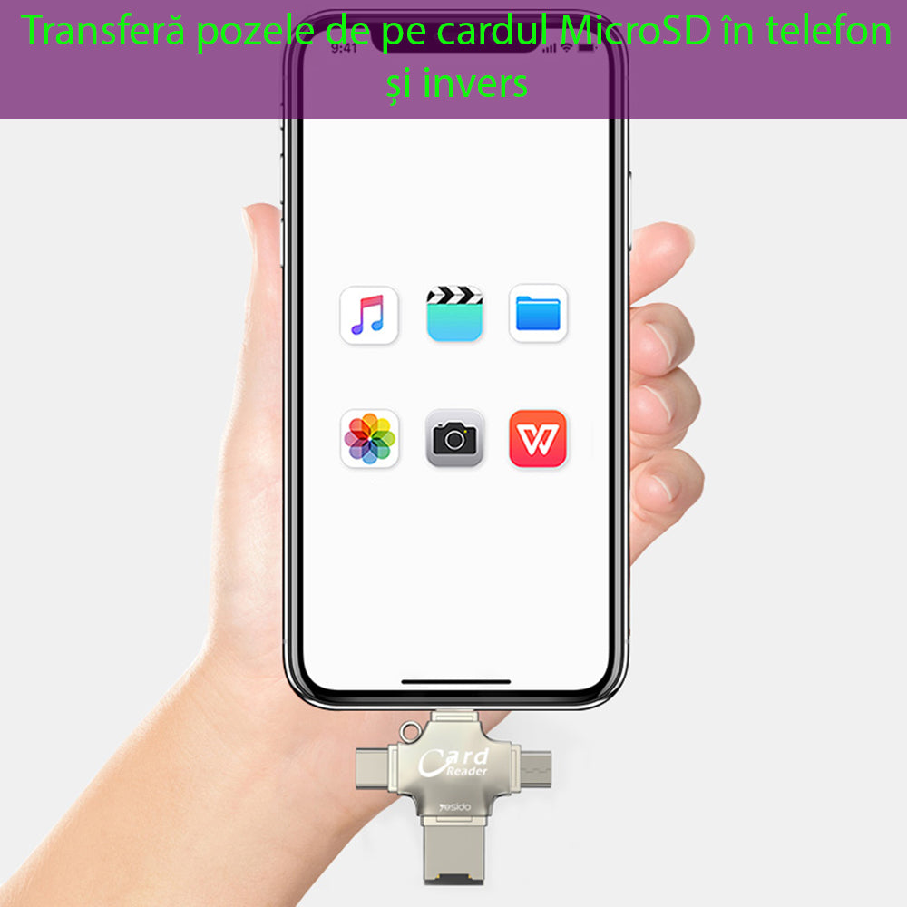 Kortleser USB / USB-C / Lightning / microUSB Yesido GS13, microSD, Sølv