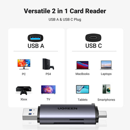 Kortleser USB / USB-C UGREEN CM185, SD - microSD, Grå