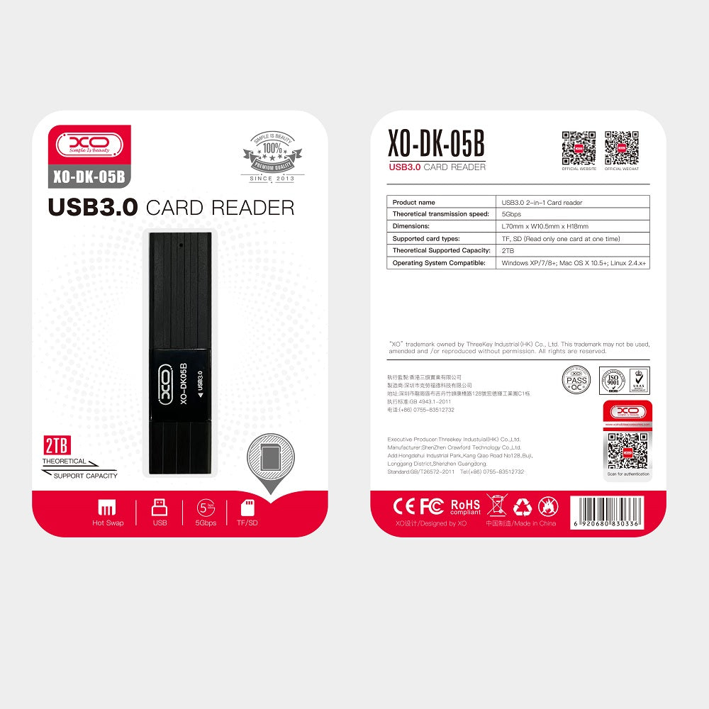 USB 3.0 Kortleser XO Design DK05B, SD - microSD, Svart