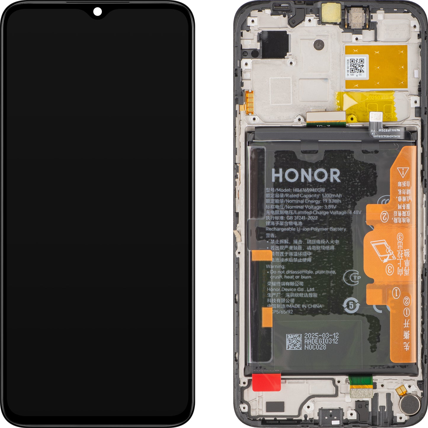 Display med Touchscreen Honor X6b Plus / X6b, med ramme og batteri, Svart, Service Pack 0235AKES