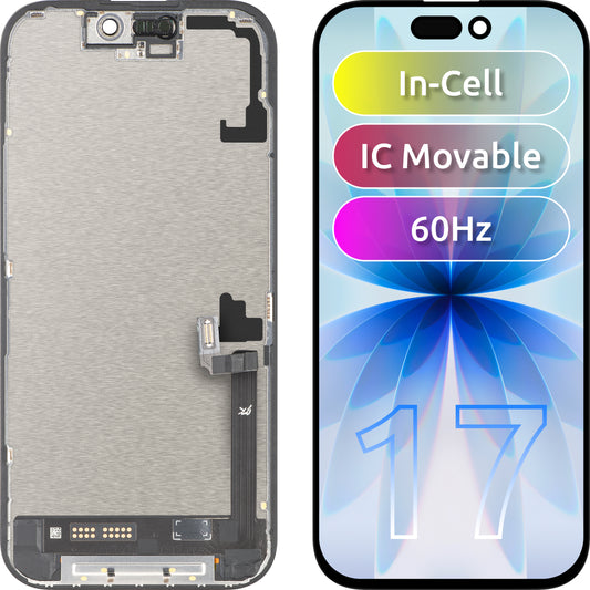 JK berøringsskjermdisplay for Apple iPhone 17, med ramme, LCD In-Cell IC flyttbar versjon, svart