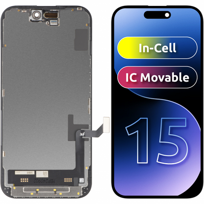 JK berøringsskjerm for Apple iPhone 15, med ramme, In-Cell LCD-versjon, svart 