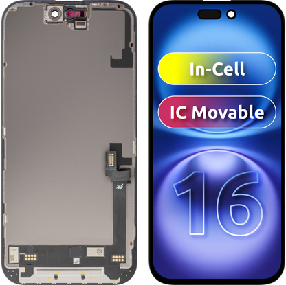 Display med Touchscreen JK for Apple iPhone 16, med ramme, LCD In-Cell IC Movable-versjon, Svart