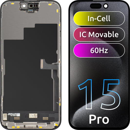 Display med Touchscreen JK for Apple iPhone 15 Pro, med ramme, LCD In-Cell IC Movable-versjon, Svart