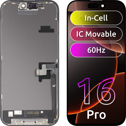 JK berøringsskjermdisplay for Apple iPhone 16 Pro, med ramme, LCD In-Cell IC flyttbar versjon, svart
