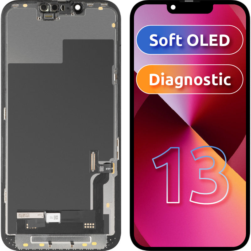 MP berøringsskjermdisplay kompatibelt med Apple iPhone 13, med ramme, OLED FHD diagnostisk programvareversjon, svart, forseglet