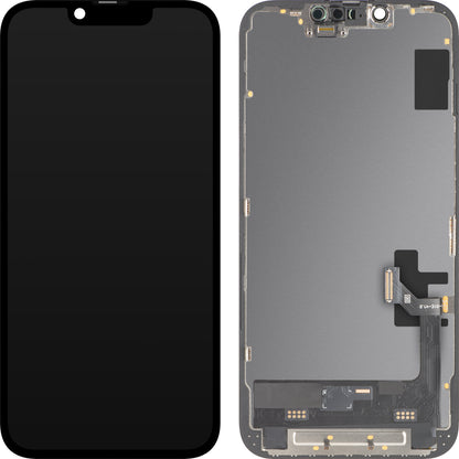 MP berøringsskjermdisplay kompatibel med Apple iPhone 17e / 16e, med ramme, Soft OLED FHD 120Hz IC flyttbar versjon, svart