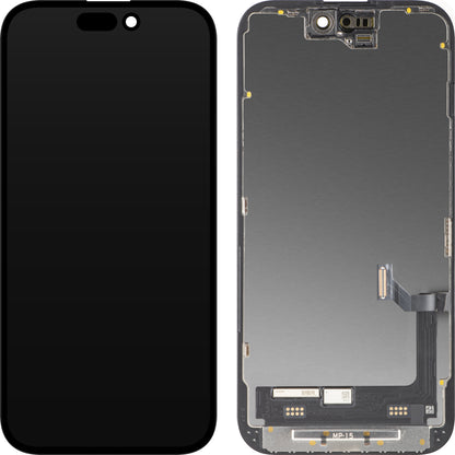MP berøringsskjermdisplay kompatibelt med Apple iPhone 15, med ramme, Premium Soft OLED FHD 120Hz diagnostisk versjon, svart