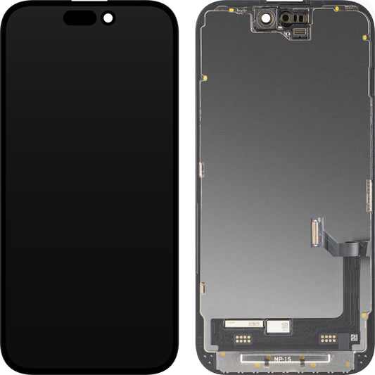 MP berøringsskjermdisplay kompatibelt med Apple iPhone 15, med ramme, Premium Soft OLED FHD 120Hz diagnostisk versjon, svart