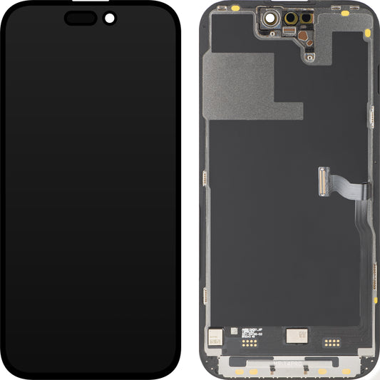 MP berøringsskjermdisplay kompatibelt med Apple iPhone 14 Pro, med ramme, Premium Soft OLED FHD 120Hz diagnostisk versjon, svart