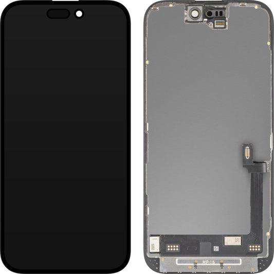 MP berøringsskjermdisplay kompatibelt med Apple iPhone 16, med ramme, Premium Soft OLED FHD diagnostisk versjon, svart