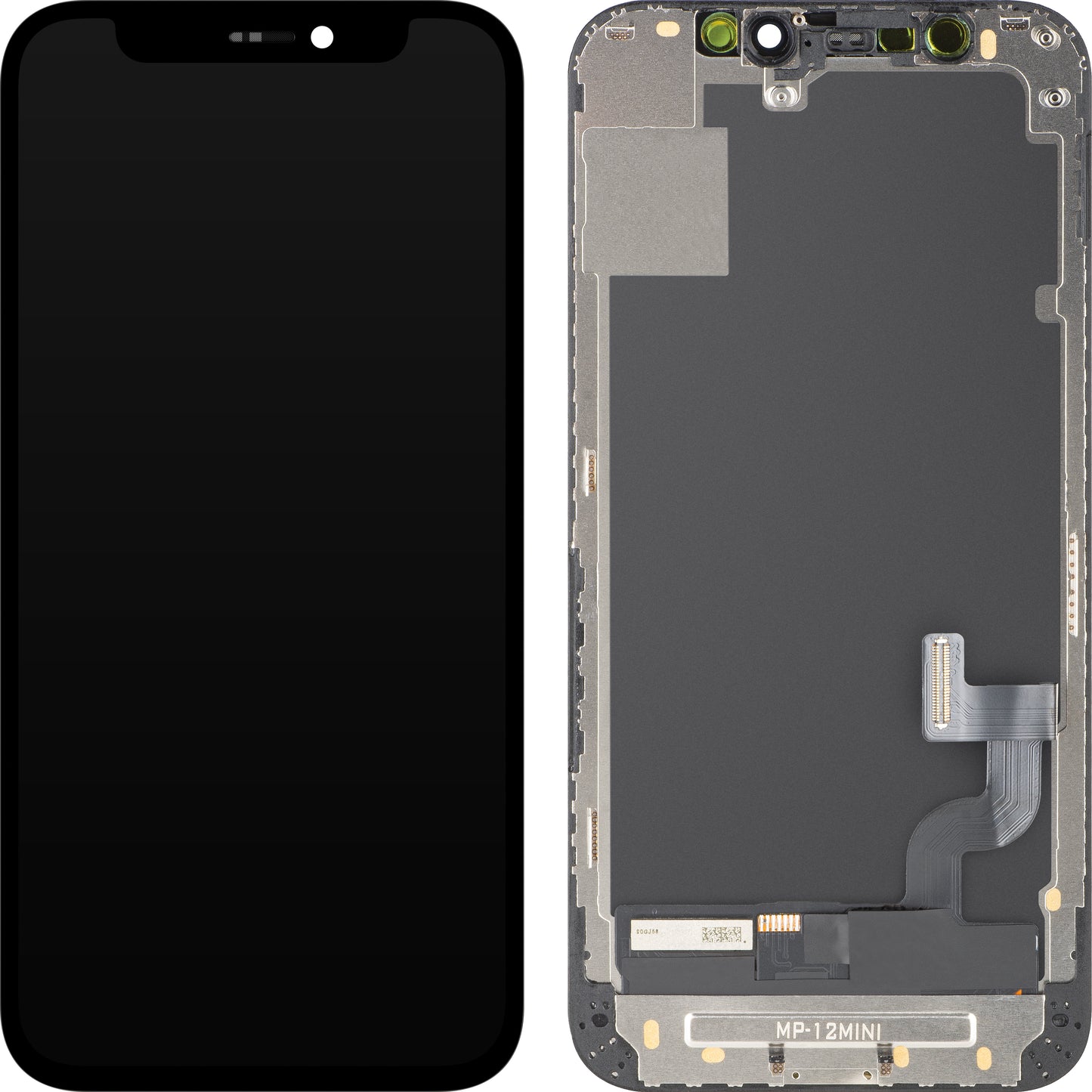 MP berøringsskjermdisplay kompatibel med Apple iPhone 12 mini, med ramme, OLED FHD IC flyttbar versjon, svart