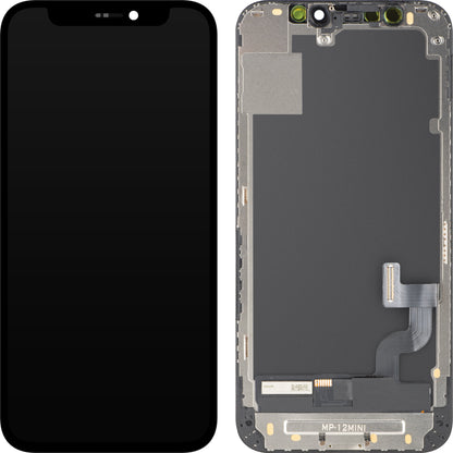 MP berøringsskjermdisplay kompatibel med Apple iPhone 12 mini, med ramme, OLED FHD IC flyttbar versjon, svart