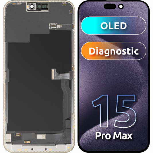 MP berøringsskjermdisplay kompatibelt med Apple iPhone 15 Pro Max, med ramme, OLED FHD diagnostisk versjon, svart, forseglet