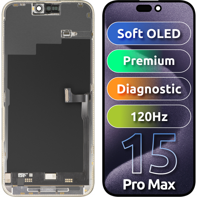 MP berøringsskjermdisplay kompatibel med Apple iPhone 15 Pro Max, med ramme, Premium Soft OLED FHD 120Hz diagnostisk versjon, svart, forseglet på nytt