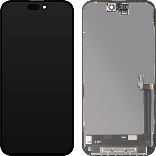 MP berøringsskjermdisplay kompatibel med Apple iPhone 16 Plus, med ramme, OLED FHD 120Hz diagnostisk programvareversjon, svart