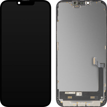 MP berøringsskjermdisplay kompatibel med Apple iPhone 14 Plus, med ramme, Premium Soft OLED FHD 120Hz diagnostisk versjon, svart