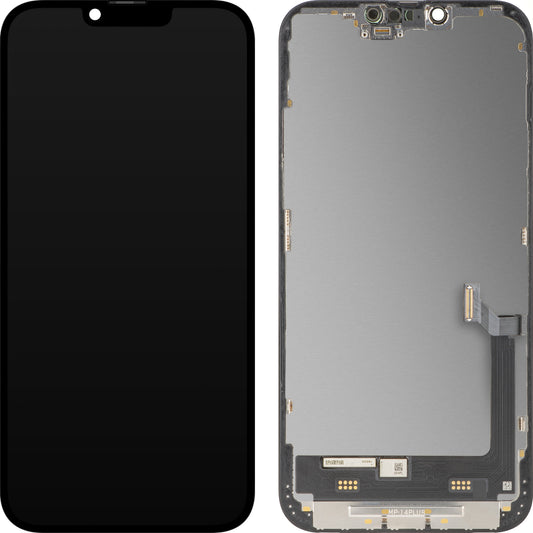 MP berøringsskjermdisplay kompatibel med Apple iPhone 14 Plus, med ramme, Premium Soft OLED FHD 120Hz diagnostisk versjon, svart