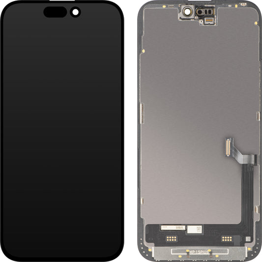 MP berøringsskjermdisplay kompatibel med Apple iPhone 15 Plus, med ramme, Premium Soft OLED FHD 120Hz diagnostisk versjon, svart