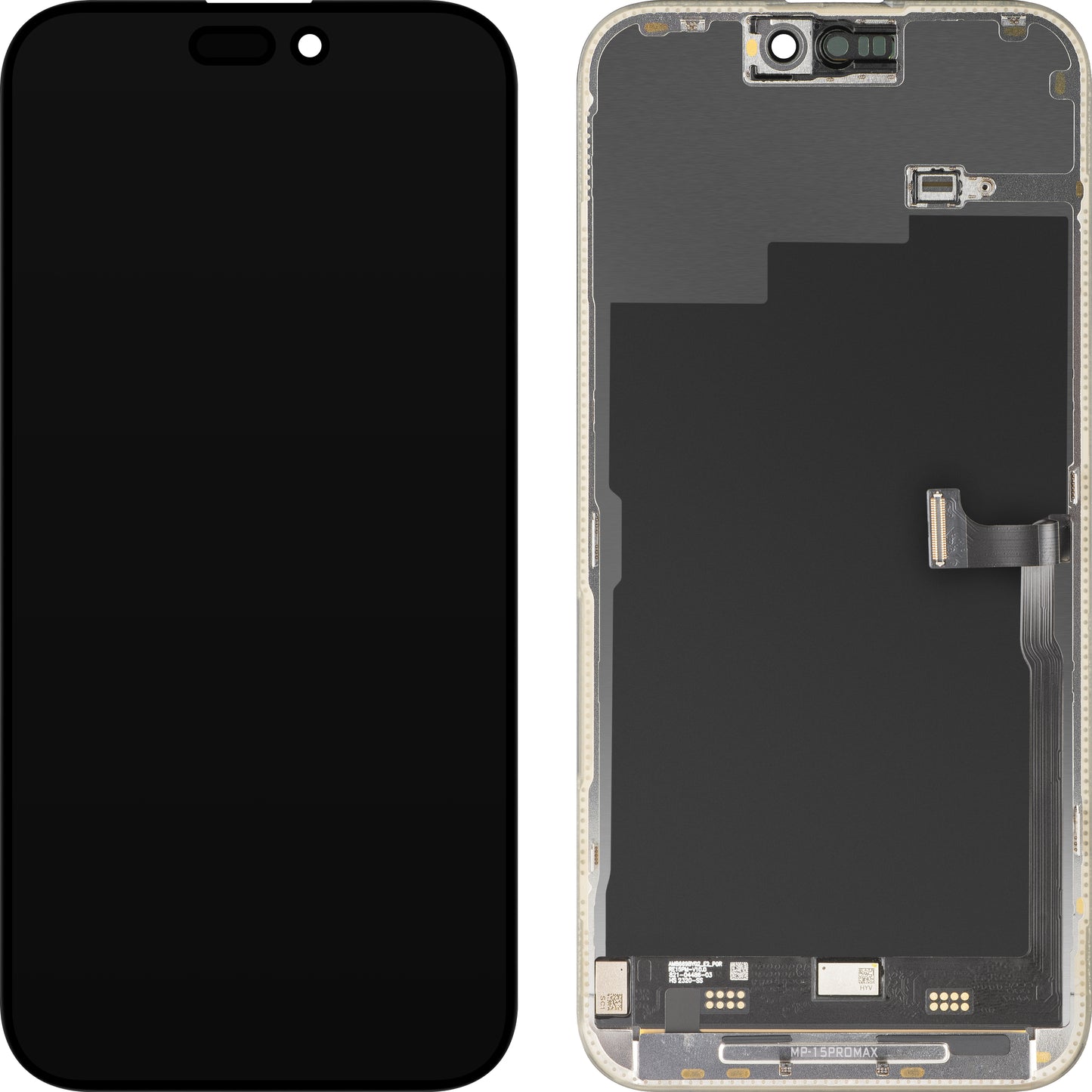 MP berøringsskjermdisplay kompatibel med Apple iPhone 15 Pro Max, med ramme, Premium Soft OLED FHD 120Hz diagnostisk versjon, svart, forseglet på nytt