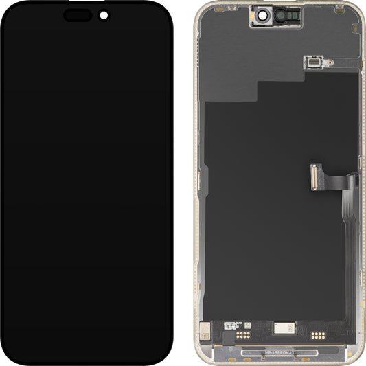 MP berøringsskjermdisplay kompatibel med Apple iPhone 15 Pro Max, med ramme, Premium Soft OLED FHD 120Hz diagnostisk versjon, svart, forseglet på nytt