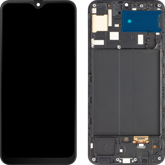 MP berøringsskjerm kompatibel med Samsung Galaxy A50 A505, med ramme, OLED-versjon, svart 