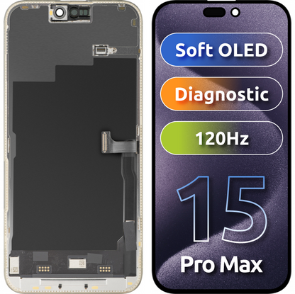 Display med MP Touchscreen kompatibel med Apple iPhone 15 Pro Max, med ramme, Soft OLED FHD 120Hz Diagnostic versjon, Svart