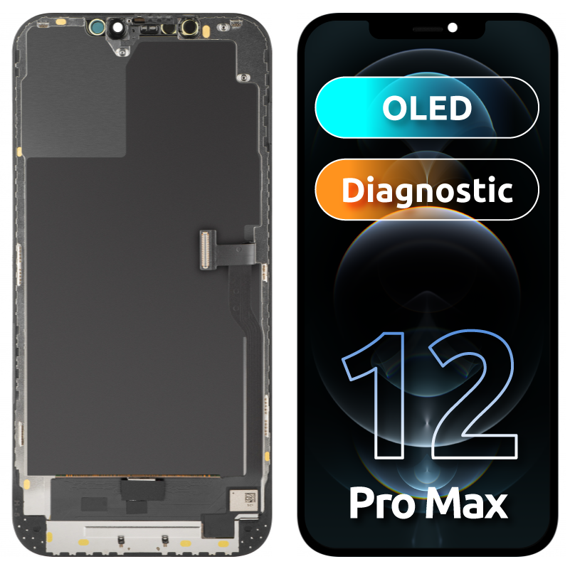 Display med MP Touchscreen kompatibel med Apple iPhone 12 Pro Max, med ramme, OLED Diagnostic versjon, Svart