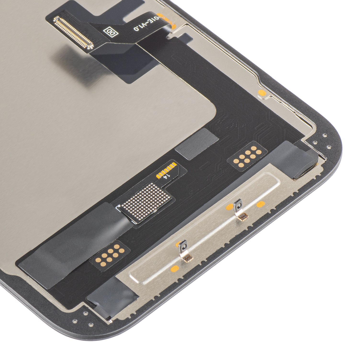 MP berøringsskjermdisplay kompatibel med Apple iPhone 17e / 16e, med ramme, Soft OLED FHD 120Hz IC flyttbar versjon, svart