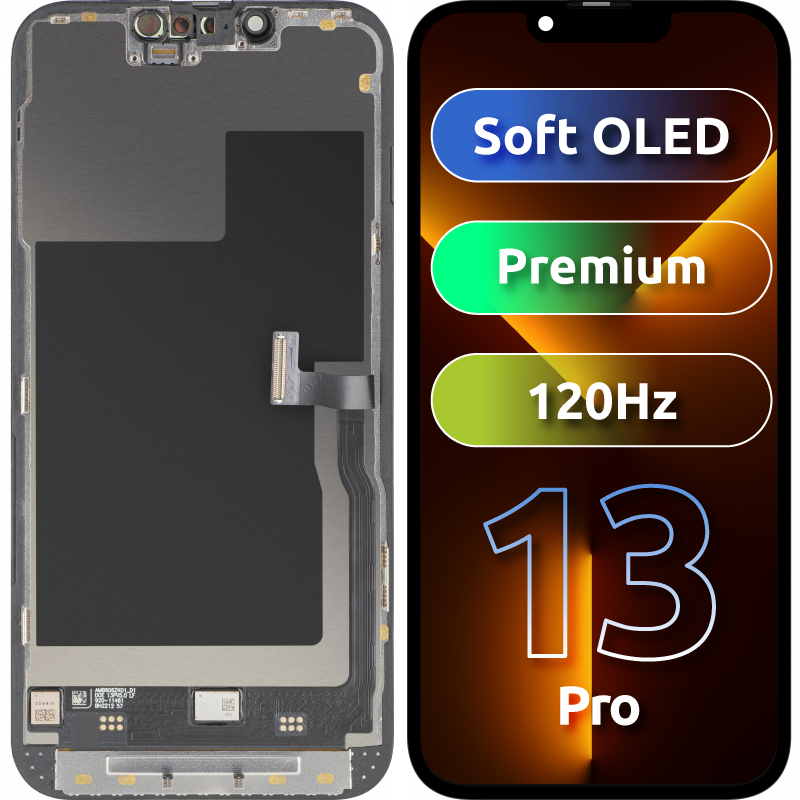 Display med MP Touchscreen kompatibel med Apple iPhone 13 Pro, med ramme, Premium Soft OLED FHD 120Hz versjon, Svart