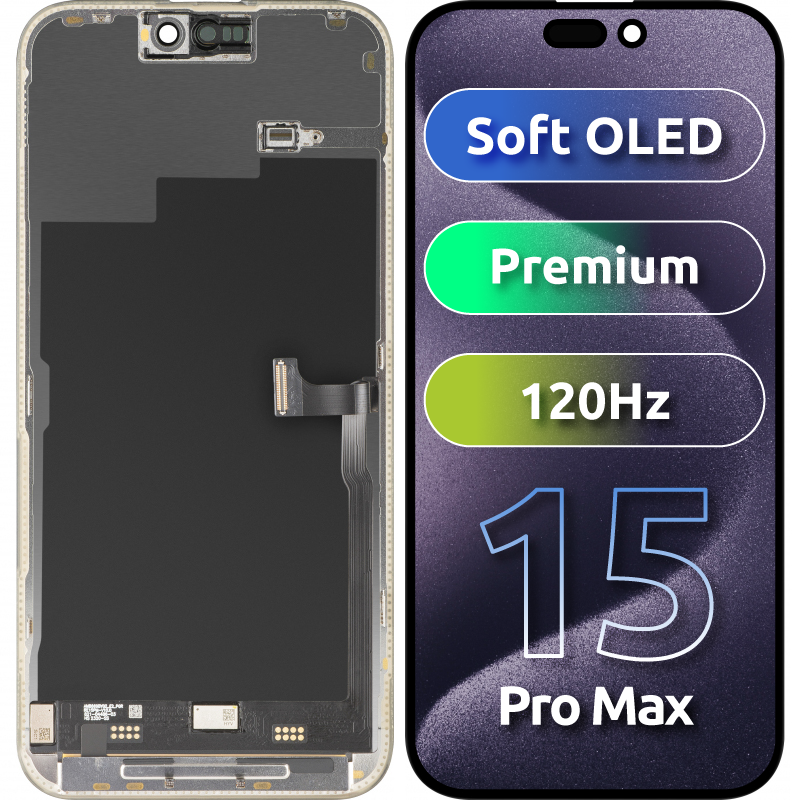 MP berøringsskjermdisplay kompatibel med Apple iPhone 15 Pro Max, med ramme, Premium Soft OLED FHD 120Hz versjon, svart