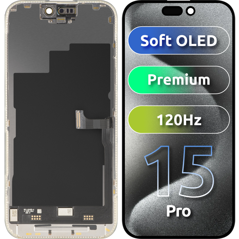 MP berøringsskjermdisplay kompatibelt med Apple iPhone 15 Pro, med ramme, Premium Soft OLED FHD 120Hz versjon, svart