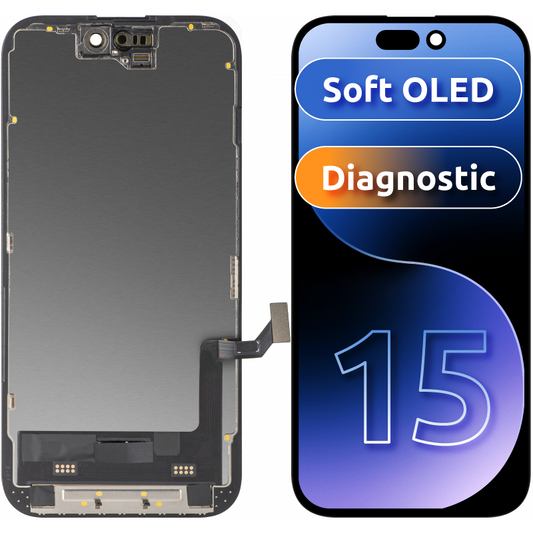 Skjerm med MP Touchscreen kompatibel med Apple iPhone 15, med ramme, Soft OLED FHD Diagnostisk versjon, Svart
