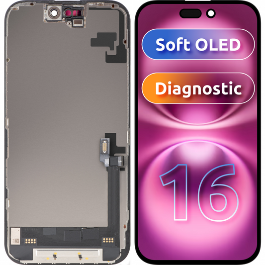 Display med MP Touchscreen kompatibel med Apple iPhone 16, med ramme, Soft OLED FHD Diagnostic versjon, Svart